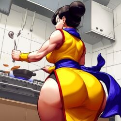 ai_generated anger_vein angry ass_focus broken_object cel_shading chichi china_dress cooking dragon_ball_z highres huge_ass milf