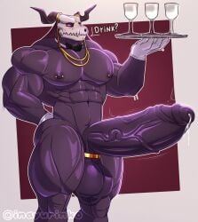 2026 abs areola balls barbell_piercing biceps big_balls big_muscles big_penis bodily_fluids bone bone_mask clothing container cup deltoids demon dialogue digital_media_(artwork) drinking_glass elias_ainsworth english_text forearm_muscles genital_fluids genitals glass glass_container glass_cup gloves gloves_only handwear handwear_only hi_res holding_tray huge_balls huge_penis humanoid humanoid_genitalia humanoid_penis inayurinko jewelry male mask monster mostly_nude muscular muscular_humanoid muscular_male necklace nipple_dip nipple_piercing nipples not_furry nude obliques pecs penis piercing precum purple_body quads serratus skull skull_head skull_mask solo talking_to_viewer tear_trough testicle_cuff text the_ancient_magus'_bride thick_thighs trapezius triceps v-cut vein veiny_penis waiter