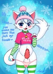 anthro balls beanie bell bell_collar blue_eyes blush clothed clothing collar crop_top domestic_cat erection felid feline felis femboy fur genitals hair hat headgear headwear lando_mcflurry landomcflurry legwear long_tail looking_at_viewer male mammal navel panties panties_down partially_clothed pattern_clothing paws penile_spines penis shirt solo striped_clothing stripes tail text thigh_highs topwear underwear underwear_down white_body white_fur wide_hips