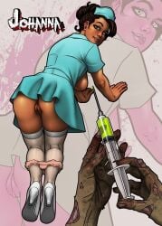 all_fours big_breasts dark-skinned_female dark-skinned_male dark_skin escape_from_zombie_u female human johanna_lynne looking_at_viewer looking_back looking_back_at_viewer male male/female mayorto no_panties nurse nurse_cap nurse_uniform school_nurse syringe topless video_games zombie