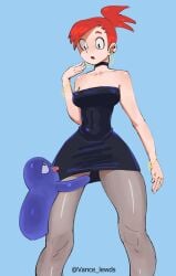 1boy 1girls black_dress black_eyes bloo blue_skin bracelet earrings foster's_home_for_imaginary_friends frankie_foster frankie_foster grab_legs pantyhose red_hair short_hair size_difference straight suprised tongue_out vance_lewds