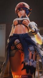 1girls 3d 3d_(artwork) 3d_render antifragile_kira-kira biting_lip blizzard_entertainment female_only grabbing_own_breast kiriko_(overwatch) le_sserafim looking_away overwatch overwatch_2 pachimari partially_clothed pussy_juice_drip short_hair shorts