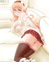 1girls ass breasts commission_whore compa curvy escapist_howl female female_only glasses large_ass large_breasts long_hair looking_at_viewer meganeko neptunia_(series) panties pink_eyes pink_hair plaid_skirt pleated_skirt shimapan shy skirt strawberry_blonde strawberry_blonde_hair sweater thighhighs