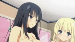 2015 animated anime_screencap bangs big_breasts black_hair blonde_hair blush bouncing_breasts breasts female hime_cut human ikaruga_(senran_kagura) inverted_nipples locker_room long_hair marvelous nipples official_art ova revealing_breasts senran_kagura senran_kagura_estival_versus staring staring_at_another tagme yomi_(senran_kagura)