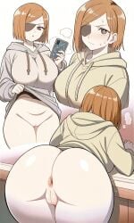 ai_generated anus ass big_ass big_breasts bottomless bottomless_female brown_eyes brown_hair butt eyepatch hoodie jujutsu_kaisen kugisaki_nobara pixai pussy shirt_lift steam sweat sweatdrop the_nobara_guy