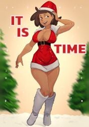 1girls amphibia big_breasts breasts brown_hair christmas christmas_outfit clothed clothing dark-skinned_female dark_skin disney disney_channel ecchipoo english_text female female_focus female_only mature mature_female milf mother mrs._boonchuy oum_boonchuy solo_female