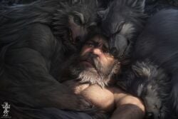 ai_assisted ai_generated bara barazoku beard body_fur body_hair concerned confused_look cuddling gay_male homoerotic homosexual human long_hair male male_focus male_only muscles questionable_consent satyrman sleeping werecanid werecanine werewolf yaoi