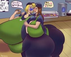 blueberry_inflation fat fat_ass green_eyes hug_from_behind huge_ass huge_breasts jigglywiggly red_hair romantic scarlett_beauregarde yuri