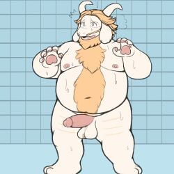 1:1 anthro arm_hair asgore_dreemurr ball_tuft balls beard blonde_hair bodily_fluids body_hair boss_monster_(undertale) bovid caprine chest_hair facial_hair genital_fluids genitals goat hair happy_trail hi_res horn humanoid_genitalia humanoid_penis leg_hair male mammal navel nipples nude_anthro nude_male overweight overweight_anthro overweight_male penis precum pubes smush-sin solo solo_male surprised_expression tuft undertale_(series)