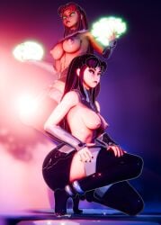 3d big_breasts black_hair blackfire breasts clothing dc_comics large_breasts leggings lordofpeaches medium_breasts nipple_piercing nipples oppai pinup red_hair sisters skirt starfire stockings superhero superheroine teen_titans