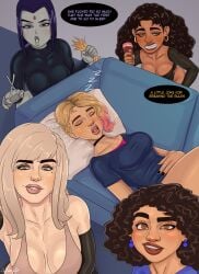 5girls black_nails brown_eyes brown_hair cerez_(rocner) cleavage clothed clothing crossover curly_hair dark_skinned_female dc dc_comics detached_sleeves disney earrings encanto female female/female female_focus female_only futanari goth_girl grey_body grey_skin gwen_stacy_(spider-verse) latina laying_on_back light-skinned_female light_skin looking_at_viewer marvel marvel_comics mirabel_madrigal multiple_girls paintbrush pixar priya_mangal purple_eyes purple_hair raven_(dc) rocner scissors sleeping tank_top turning_red zzz