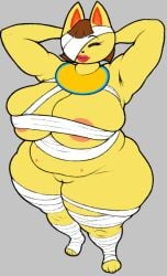 2024 animal_crossing anthro areola areola_slip belly breast_squish breasts closed_eyes colored digital_media_(artwork) female flat_colors genitals hands_behind_head kaitlin_(animal_crossing) lips mature_female multi_nipple mummy_wrappings nintendo nipples pussy red_lips simple_background slimey_art solo squish wrapped_up