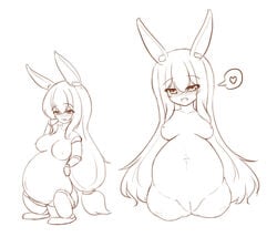 amputee animal_ears blush breasts bunny_ears female female heart mikeysukairain monochrome multiple_views navel nude pregnant pussy quadruple_amputee simple_background spoken_heart very_long_hair white_background