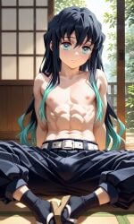 1boy abs ai_generated baggy_clothing bangs belt black_and_blue_hair blue_eyes bulge_through_clothing demon_slayer femboy femboy_only high_resolution kimetsu_no_yaiba long_hair_male looking_at_viewer loose_hair mostly_clothed muichiro_tokitou muscular_male no_penetration no_shirt pants_only partially_clothed pov_eye_contact sandals shirtless shirtless_male sitting_on_floor socks solo_focus solo_male spread_legs straight_hair sweetsavour teenager two_tone_hair young