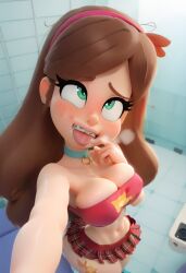 ai_generated bathroom big_breasts big_butt bratty cleavage gravity_falls hairband mabel_pines midriff reaching_out selfie skimpy_clothes skirt slutty_pose solo tongue tongue_out tube_top voluptuous