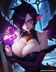 ai_generated balecxi bare_shoulders cleavage detached_sleeves dress feathered_wings feathers female hair_over_one_eye large_breasts league_of_legends looking_at_viewer moon morgana parted_lips pink_eyes pointy_ears purple_lips short_hair smile solo tattoo upper_body