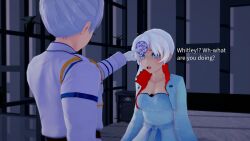 blue_eyes brother_and_sister dress femsub gloves hypnosis koikatsu magic magic_circle maledom mind_control perfect_idiot rwby short_hair surprised text weiss_schnee white_hair whitley_schnee