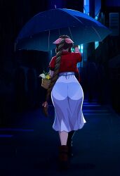 1girls aerith_gainsborough ai_generated airbrush brown_hair cel_shading female final_fantasy final_fantasy_vii final_fantasy_vii_remake flower_basket highres huge_ass night panties_visible_through_clothing pink_dress red_jacket single_braid umbrella very_long_hair walking