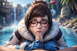 1boy 1boy1girl 1girls ai_generated artist_name black-framed_eyewear blizzard_entertainment blowjob blue_gloves brown_hair closed_eyes coat cum cum_in_mouth cum_on_eyewear cum_on_hair day erection facial fellatio fur-trimmed_jacket fur_coat fur_trim gameplay_mechanics glasses gloves gumroad_username hair_bun hair_ornament hair_stick hi_res jacket large_breasts lips lipstick looking_at_viewer makeup male_pubic_hair mei_(overwatch) nose nude oral outdoors overwatch overwatch_2 penis pov pov_crotch r34arts short_hair single_hair_bun solo_focus straight swept_bangs thick_lips tree uncensored veiny_penis water winter_clothes winter_coat