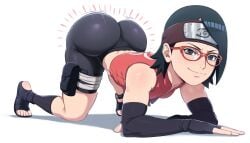 1girls ai_generated arched_back big_ass big_butt black_hair boruto:_naruto_next_generations crop_top d-art_style female glasses looking_at_viewer naruto naruto_(series) on_all_fours randomran sarada_uchiha smile smiling smiling_at_viewer solo solo_female solo_focus thick_thighs white_background