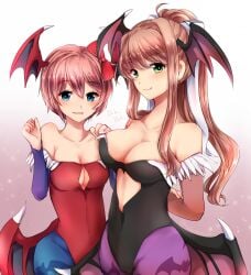 2girls black_leotard blue_eyes blue_pantyhose breasts clothing cosplay darkstalkers demon demon_girl demon_horns doki_doki_literature_club duo feathers female female_only gloves green_eyes large_breasts latex leotard lilith_aensland_(cosplay) long_hair looking_at_viewer makomooooni medium_breasts monika_(doki_doki_literature_club) morrigan_aensland_(cosplay) multiple_girls open_mouth pantyhose pink_hair ponytail purple_pantyhose red_bow red_leotard sayori_(doki_doki_literature_club) shiny_clothes short_hair simple_background slq small_breasts smile standing succubus tied_hair tight_clothing vampire_(game) white_bow