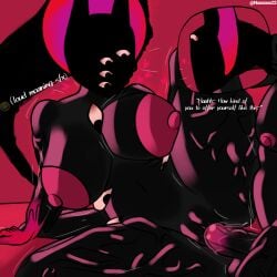 big_breasts black_face black_skin dominant_male fanart fanart_from_twitter horns long_penis man_boobs multi_eye muscular noxxxxxx22 pink_nipples pink_tip rule_63 selfcest sex submissive_female tail the_apostle_(zeblackballd) thick_butt weird_background zeblackballd_(artist)