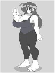 athletic athletic_female barefoot big_breasts black_bra black_hair black_pants blue_tank_top breast_outline calves marie_(tag-a-long) mime mime_girl mouthless mouthless_female noseless original original_art original_artwork tag-a-long white_body white_skin