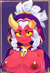 1girls ai_generated brawl_stars demon_willow_(brawl_stars) horns large_breasts red_skin smile white_hair willow_(brawl_stars)