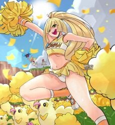 3girls absurdres arm_up background_character beak beanie blue_sky cheering cheerleader confetti cosmog creatures_(company) crop_top flower game_freak gen_7_pokemon green_eyes hand_on_own_hip hat highres holding holding_pom_poms knee_up legendary_pokemon lens_flare lillie_(pokemon) lusamine_(pokemon) miniskirt multiple_girls multiple_others nintendo oricorio panties pokemon pokemon_(creature) pokemon_sm pom-pom_oricorio pom_pom_(cheerleading) pom_poms selene_(pokemon) shoes skirt sky smile sneakers sun sweat underwear wanderjegson white_panties wings