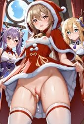 3girls after_sex ai_generated antlers bell blush breasts capelet christmas christmas_tree clothes_lift cum cum_in_pussy cumdrip detached_sleeves dress dress_lift fur_trim genshin_impact hat hood keqing keqing_(genshin_impact) lifted_by_self looking_at_viewer medium_breasts merry_christmas multiple_girls no_panties open_mouth pussy red_eyes reindeer_antlers santa_costume santa_dress santa_hat skirt skirt_hold skirt_lift smile thighhighs thighs twintails uncensored white_dress white_legwear