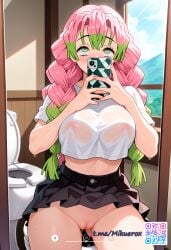 1_girl ahe_gao ai_generated anime_screenshot bare_thighs black_skirt cropped_shirt detailing holding_phone kimetsu_no_yaiba mirror mitsuri_kanroji naked_pussy phone pussy selfie solo taking_pictures toilet wet_pussy white_shirt window