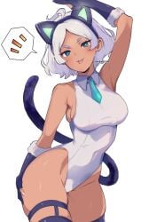 :p animal_ears aqua_necktie arm_up black_thighhighs breasts cat_ears cat_tail cowboy_shot curvy dark-skinned_female dark_skin fake_animal_ears fake_tail female grey_hair gundam gundam_suisei_no_majo halter_leotard halterneck hand_on_own_ass highleg highleg_leotard highres large_breasts leotard looking_at_viewer mizuno374 nail_polish necktie secelia_dote shiny_skin short_hair simple_background smile solo tail thighhighs tongue tongue_out twitter_username white_background white_leotard wide_hips