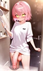 1futa ai_generated big_balls blush cum flaccid futanari green_eyes huge_cock petite pink_hair shirt shower wet zynai