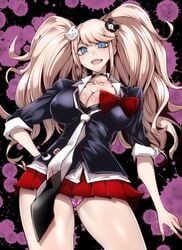 1girls black_background black_bra blonde_hair blue_eyes bra clavicle color danganronpa danganronpa:_trigger_happy_havoc danganronpa_1 female gggg gyaru hair_ornament hands_on_hip junko_enoshima large_breasts laugh laughing monokuma open_mouth panties pink_background pink_panties ponytail ponytails ribbon schoolgirl short_skirt shoulder_blades skimpy skimpy_clothes skirt straight_hair thick_thighs tie