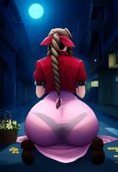 1girls aerith_gainsborough ai_generated airbrush big_ass brown_hair cel_shading dat_ass female final_fantasy final_fantasy_vii final_fantasy_vii_remake flower_basket highres huge_ass night panties_visible_through_clothing pink_dress red_jacket single_braid squatting very_long_hair