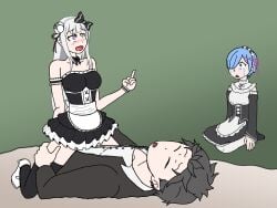 actualtrashhuman bare_shoulders choker clothed_sex cowgirl_position crying cucked_by_friend cuckolding cuckquean dress emilia_(re:zero) french_braid hairbow humiliation implied_penetration implied_sex jealous jealousy long_hair maid maid_dress maid_outfit maid_uniform middle_finger mocking natsuki_subaru netorare pleasure_face re:zero_kara_hajimeru_isekai_seikatsu rem_(re:zero) reverse_netorare slender_body straight taunting watching