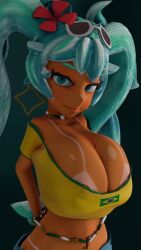 1girl 3d 3d_(artwork) 3d_model 3d_render 3dcg blender blender_(artwork) blender_(software) blender_eevee brasil brazilian_miku hatsune_miku sexy solo tan_body tank_top visible_nipples