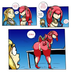 2girls anus ass back blonde_hair breath_of_the_wild comic dat_ass english_text female female_only fish_girl french_braid from_behind hylian mipha monster_girl multiple_girls nintendo princess_mipha princess_zelda pussy tail text the_legend_of_zelda vagina yellow_eyes yuri zelda_(breath_of_the_wild) zora