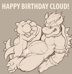 2boys birthday bowser collar cum docking duo english_text foot_fetish foot_lick full_body grin horn koopa leaking licking line_art looking_pleasured lying male male_only mario_(series) monochrome multiple_boys musclegut navel nintendo nude on_back one_leg_up pecs penis reclining scalie sepia simple_background size_difference slit_sex spiked_collar spikes standing text thesecretcave tongue tongue_out yaoi yoshi