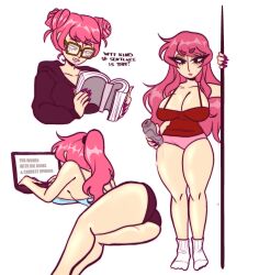 1girls arrabbiatahoe ass bia_(arrabbiatahoe) big_ass big_breasts black_hoodie book breasts english_text glasses hoodie huge_breasts laptop laying_on_stomach long_hair pink_hair ponytail reading thick_thighs thighs white_background