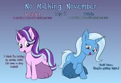 absurd_res big_nipples crotchboob cutie_mark duo english_text equid equine female feral friendship_is_magic hasbro hi_res horn hyper hyper_teats mammal meme my_little_pony mythological_creature mythological_equine mythology nipples no_nut_november starlight_glimmer_(mlp) text trixie_(mlp) unicorn veiny_teats wapamario63