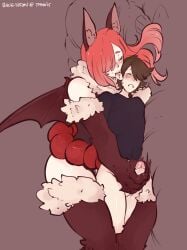 1boy 1girls animal_ears animal_hands biting biting_ear claws female femdom folded_wings fur_collar gyarusatan highres larger_female lion_ears lion_paw long_hair male manticore_(monster_girl_encyclopedia) monster_girl monster_girl_encyclopedia non-web_source on_bed prehensile_tail reach-around red_wings tail tail_pussy tall_female wings