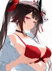 ai_assisted black_hair breasts choker female female_only grabbing_own_breasts honkai:_star_rail honkai_(series) looking_at_viewer orientalpass red_bra red_eyes smile smug smug_face smug_grin smug_smile sparkle_(honkai:_star_rail) twintails