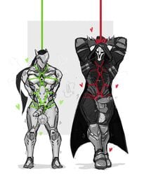 2boys ball_stretching ball_weight balls cock_and_ball_torture erection filthyalebrije full_body genji male_only mask monochrome multiple_boys overwatch overwatch_2 penis reaper restrained rope torn_clothes undressing yaoi