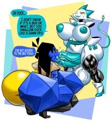 absurd_res anthro areola ass balls big_balls big_breasts big_butt big_penis black_eyes black_hair blue_areola blue_nipples bodily_fluids boots breasts bubbling clothing crouching darkner deltarune duo ellipsis ena english_text felid fellatio floating_hands footwear ftg_crossgender fti_crossgender genitals goudadunn gynomorph hair hi_res high_heeled_boots high_heels huge_balls huge_breasts huge_butt huge_cock humanoid hyper hyper_balls hyper_genitalia hyper_penis intersex intersex/intersex joel_g machine mammal multicolored_body nipples oral penile penis profanity robot rule_63 saliva sex shoes speech_bubble tasque_manager text two_tone_body undertale_(series) vein veiny_balls white_body yellow_eyes