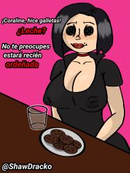 artist_name artist_signature before big_breasts black_dress black_eyes black_hair button_eyes cleavage cleavage_cutout cookies coraline erect_nipples erect_nipples_under_clothes food implied_milking lipstick milf mole older_female other_mother shawdracko short_hair smiling smiling_at_viewer spanish_dialogue spanish_text tagme talking_to_viewer