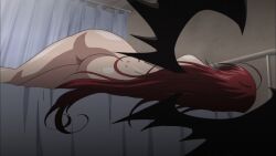 10s ass ass_focus back bat_wings bed demon_girl demon_wings female female_focus high_school_dxd highres legs long_hair nude public_indecency public_nudity red_hair rias_gremory screencap sleeping solo solo_focus very_long_hair wings