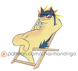 1boy 2016 anthro beverage chair charmandrigo eyewear feral fur male male_only mammal nintendo nude penis pokemon pokemon_(species) relaxing solo sunglasses typhlosion video_games