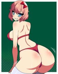 big_ass big_butt bikini blue_eyes doki_doki_literature_club green_background pink_hair sayori_(doki_doki_literature_club) shaking_ass shaking_butt short_hair solo sweat sweatdrop sweaty sweaty_butt tagme thighhighs twerking