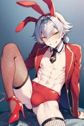 abs ai_generated bunny_ears crossdressing kizaki_ren silver_hair skimpy the_idolm@ster trap yaoi